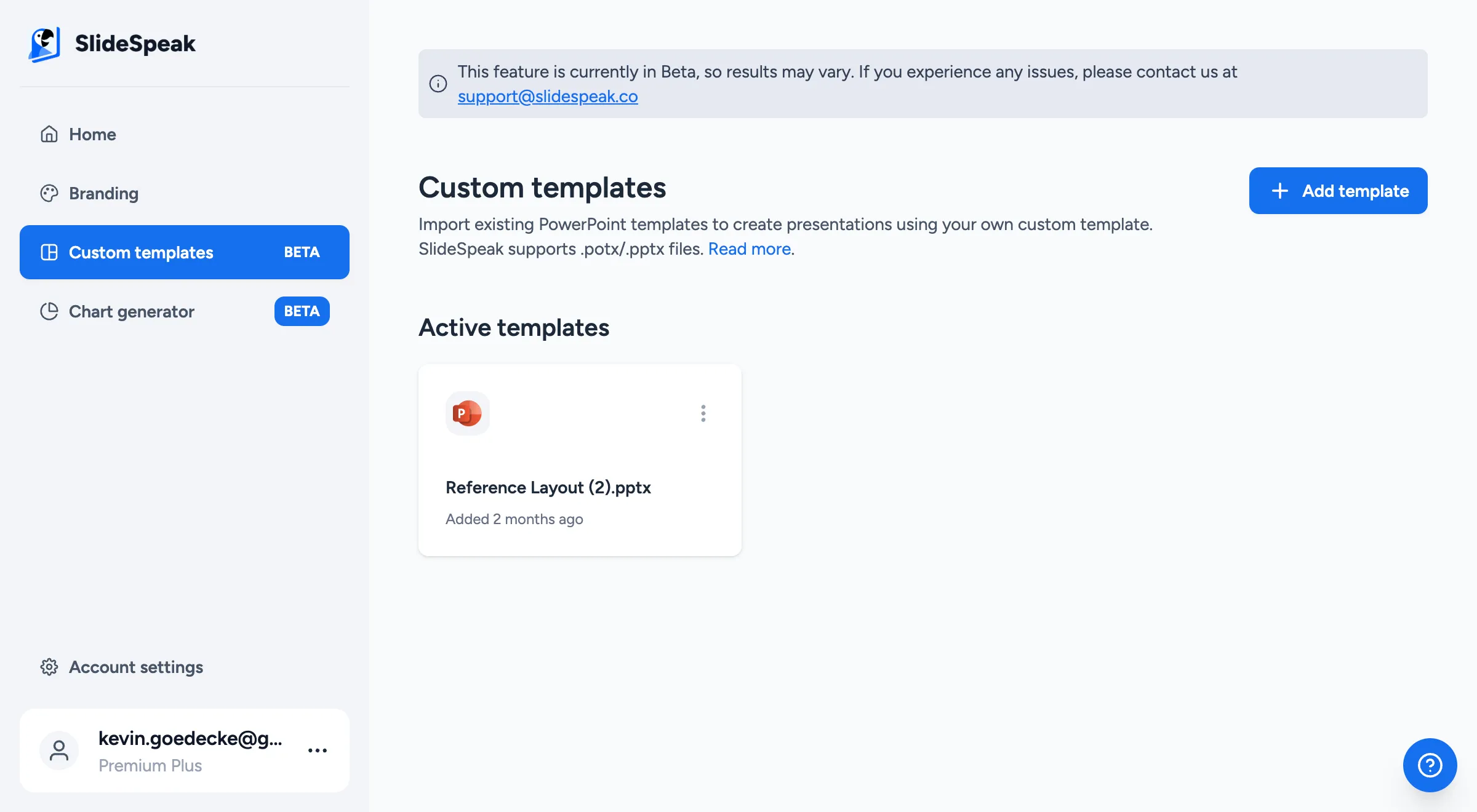 Custom templates section showing add template button